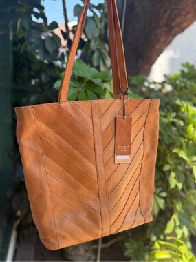margot Tan Chevron-Panel Leather Tote